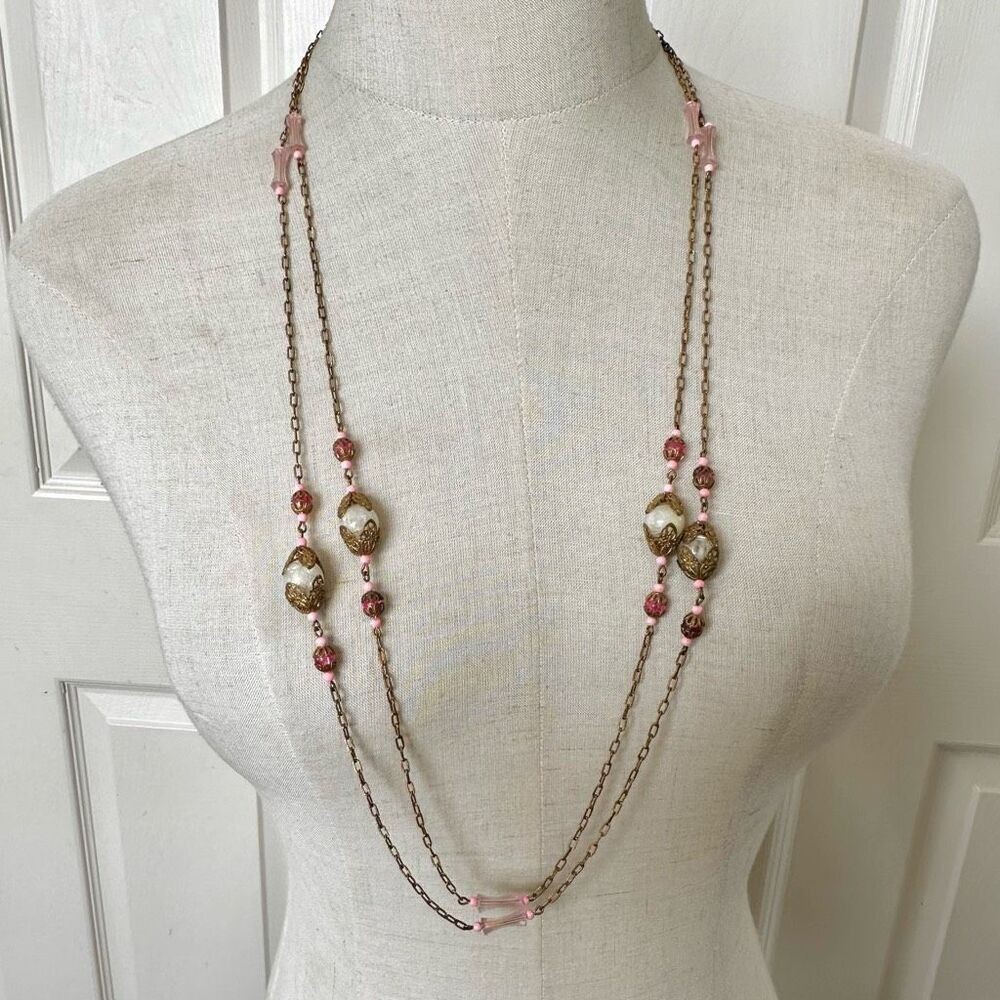 Pink and gold tone beaded long vintage chain necklace